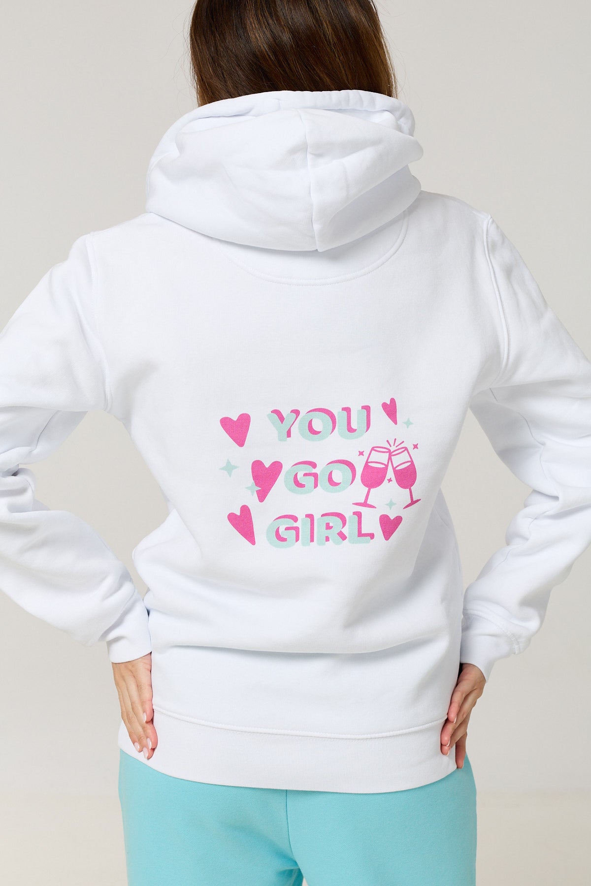 Cotton Terry Fleece Hoodie – White with “You Go Girl” Back Print