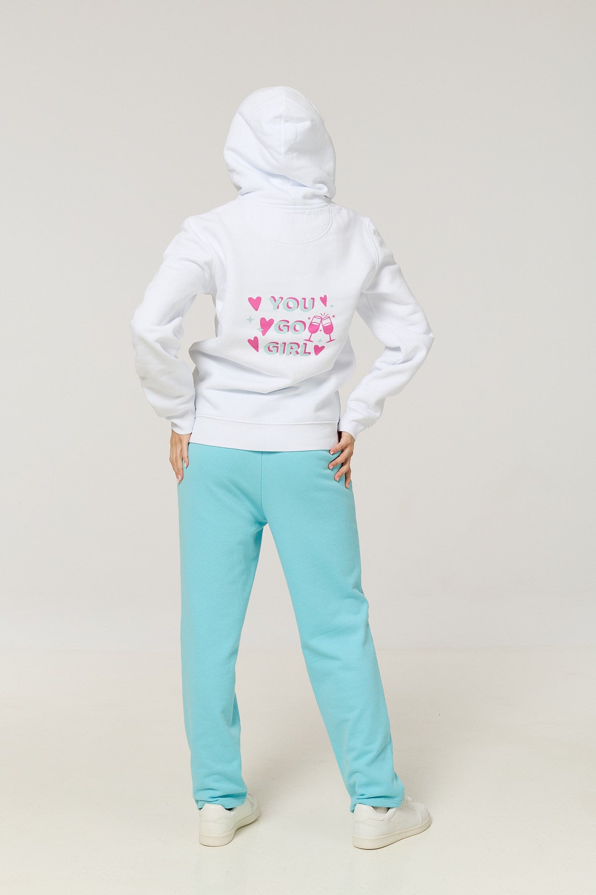 Cotton Terry Fleece Hoodie – White with “You Go Girl” Back Print