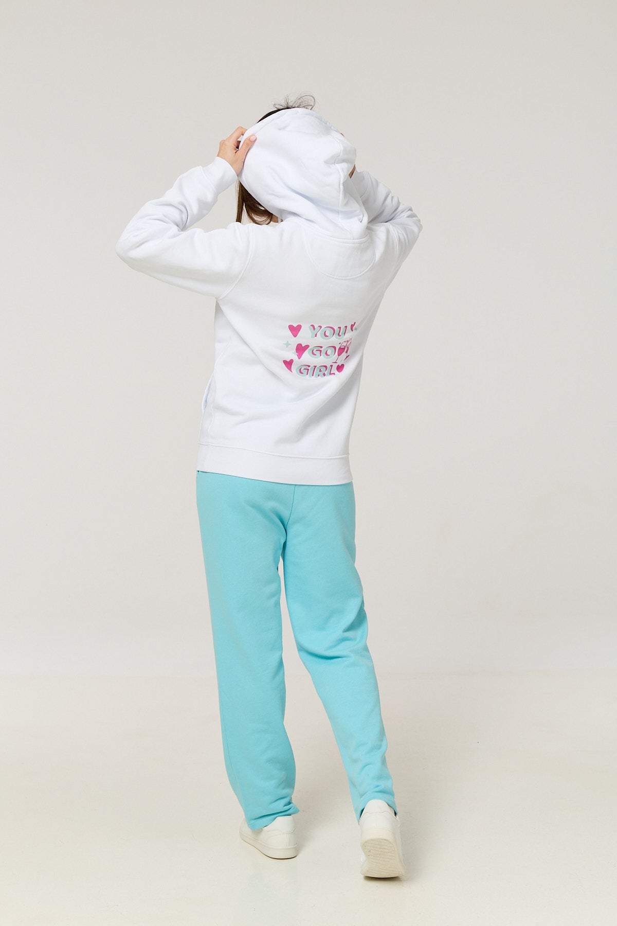 Cotton Terry Fleece Hoodie – White with “You Go Girl” Back Print