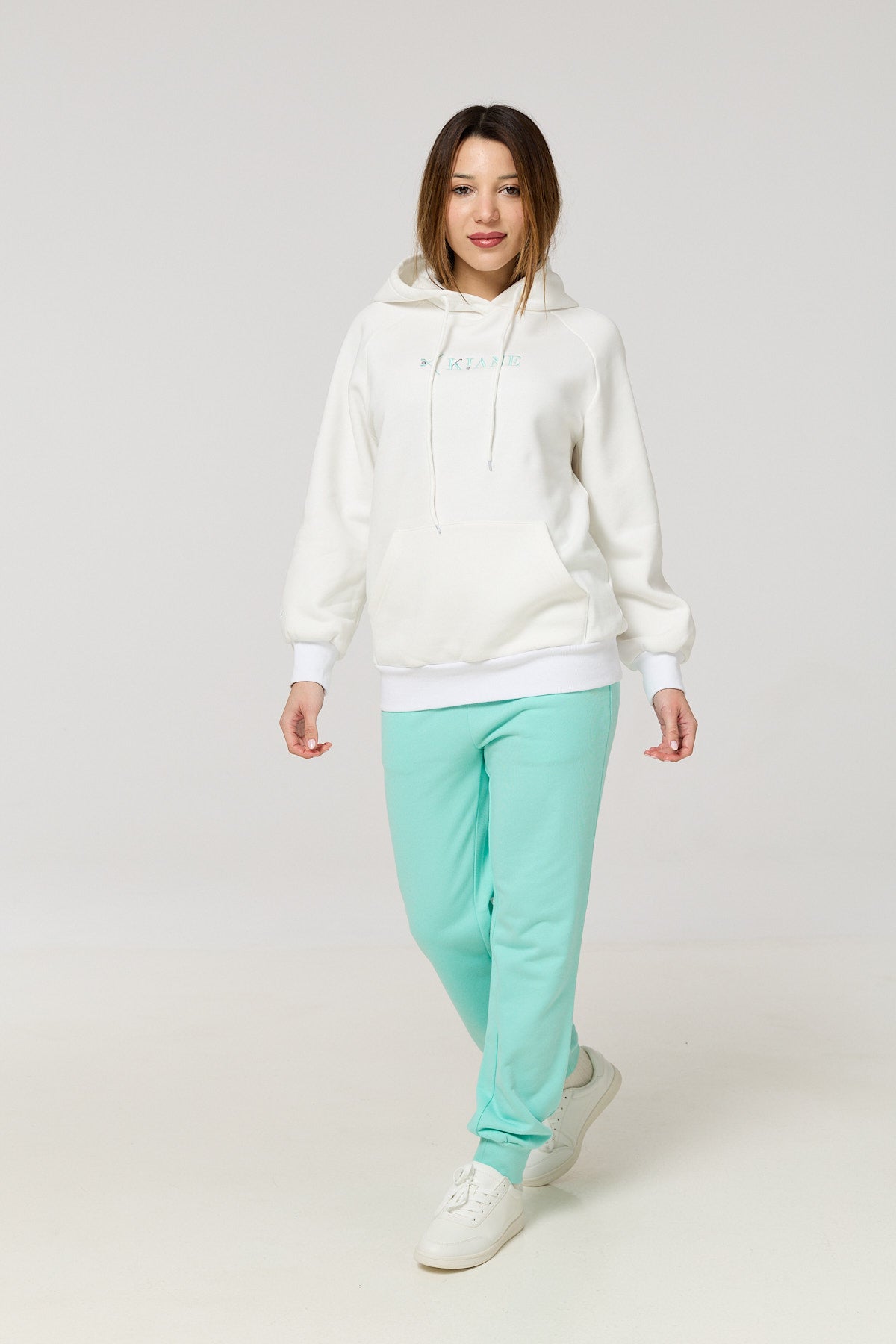 Cotton Terry Fleece Hoodie – White with Monte Green Logo