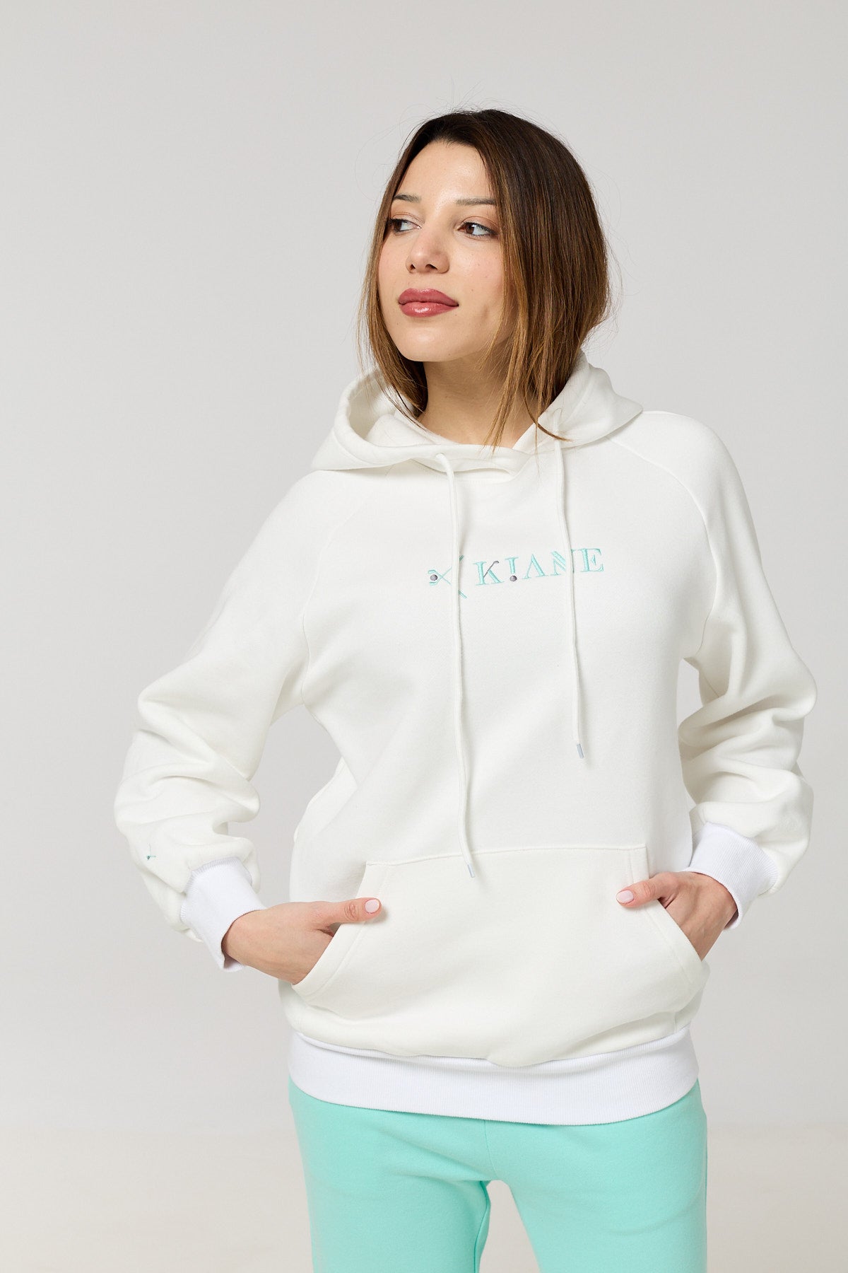 Cotton Terry Fleece Hoodie – White with Monte Green Logo