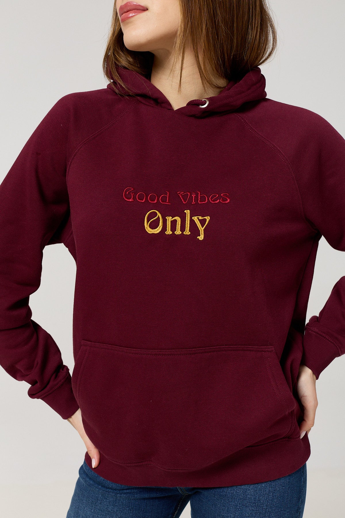 Wine Red Fleece Hoodie – With “Good Vibes Only” Embroidery