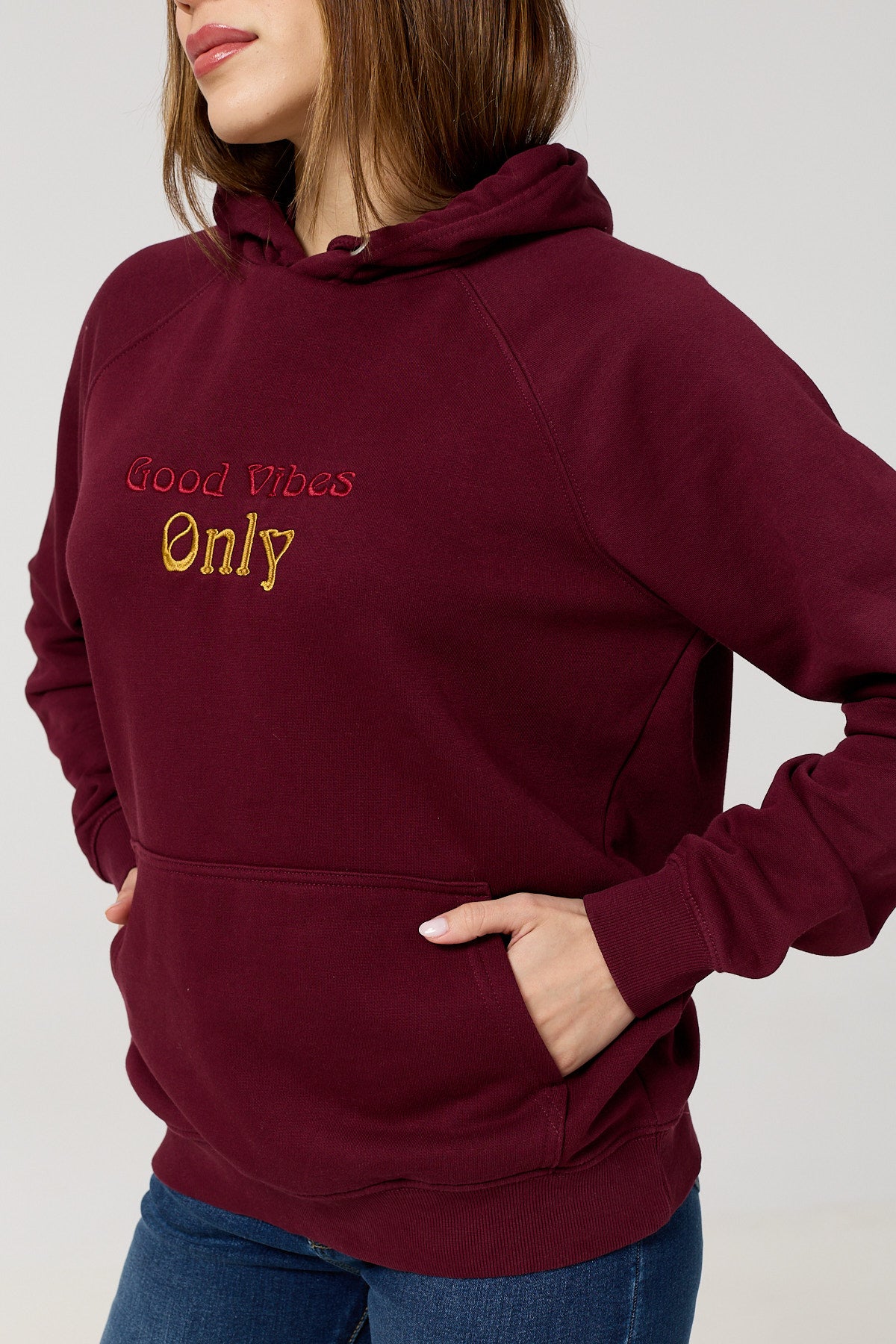 Wine Red Fleece Hoodie – With “Good Vibes Only” Embroidery