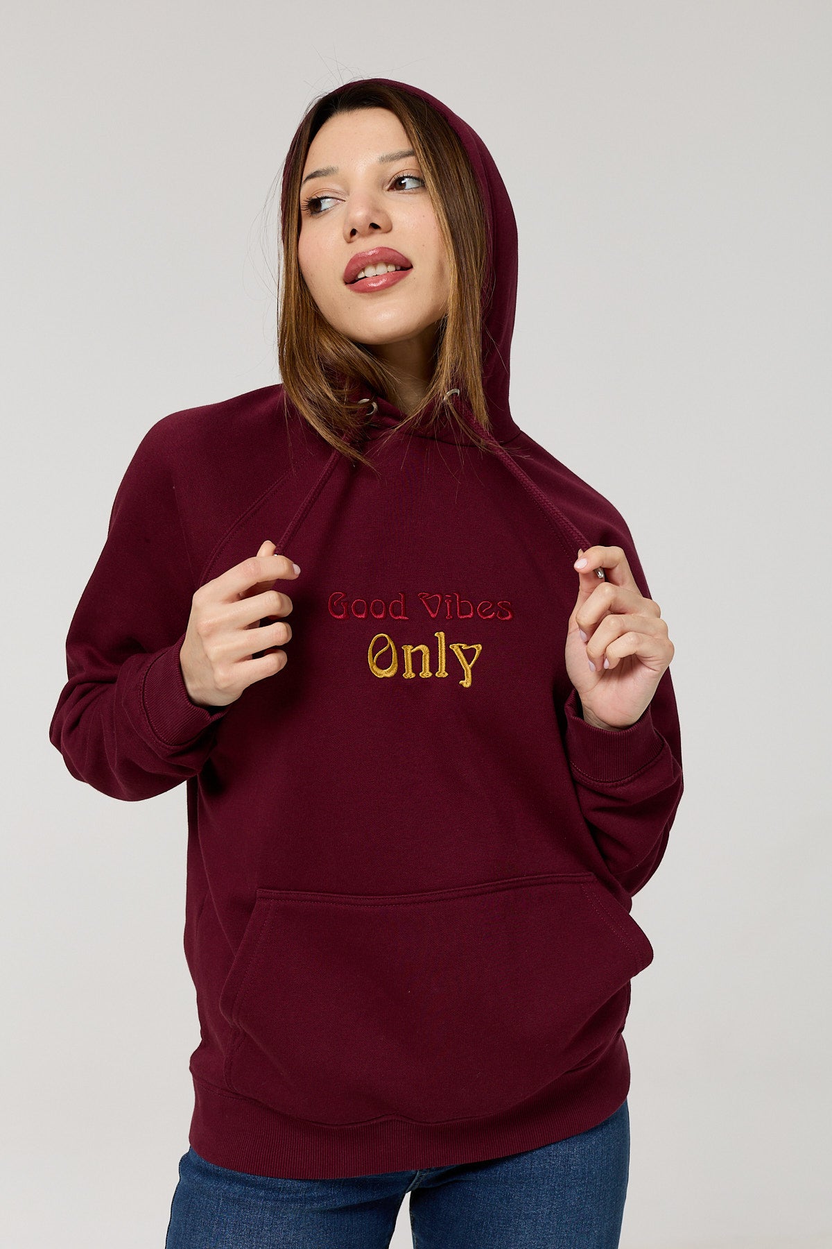 Wine Red Fleece Hoodie – With “Good Vibes Only” Embroidery