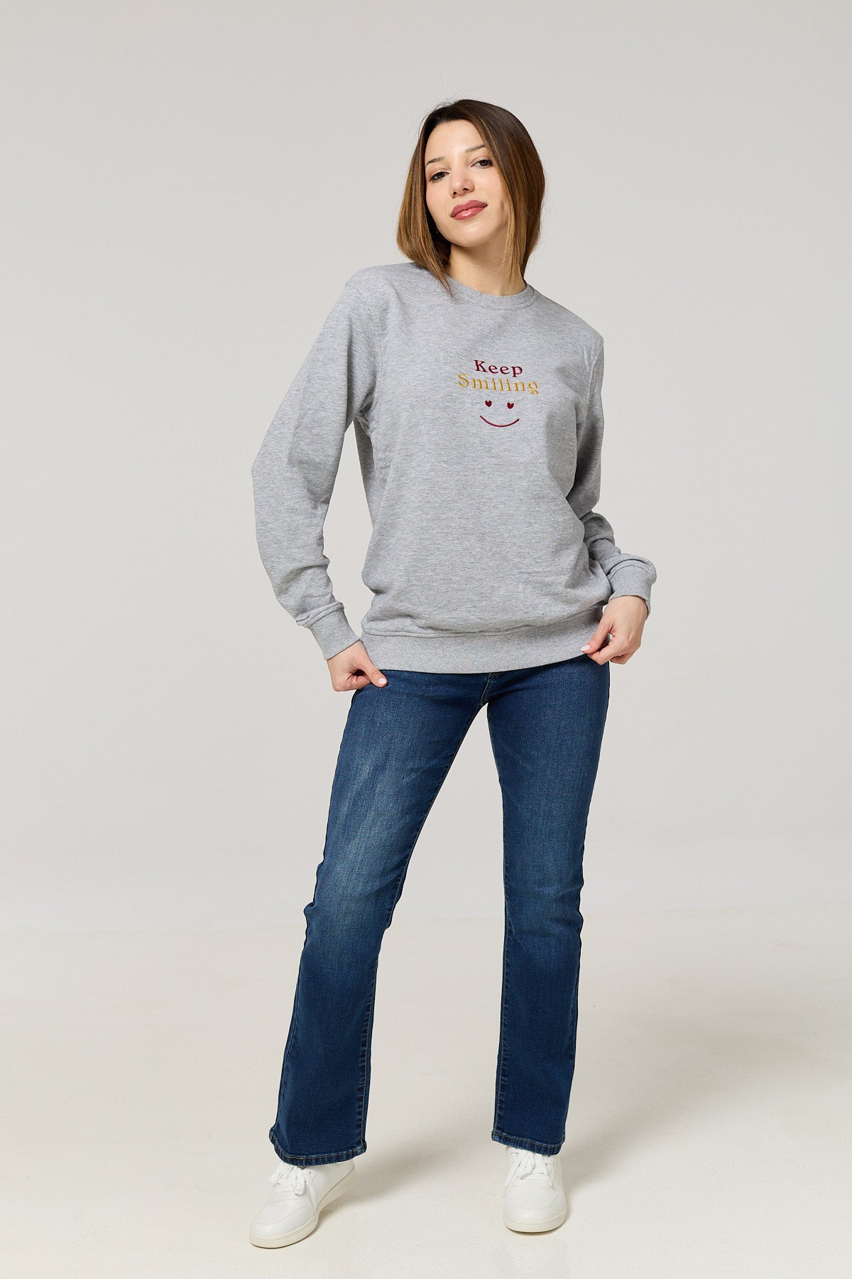 Cotton Terry Crewneck – Grey with “Keep Smiling” Embroidery