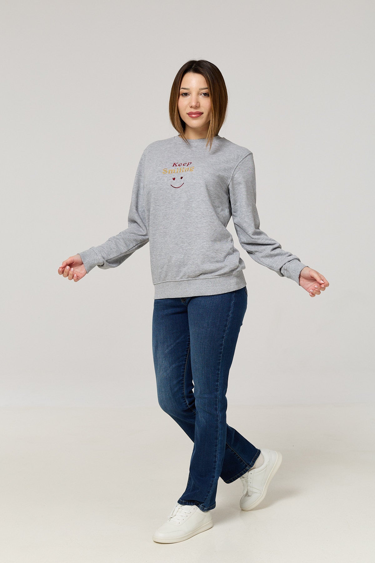 Cotton Terry Crewneck – Grey with “Keep Smiling” Embroidery