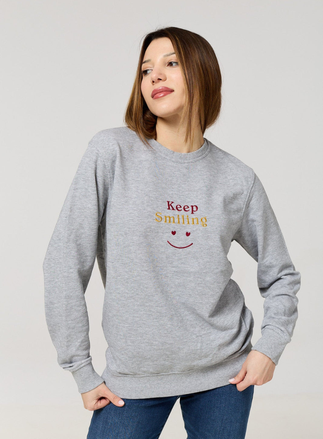 Cotton Terry Crewneck – Grey with “Keep Smiling” Embroidery