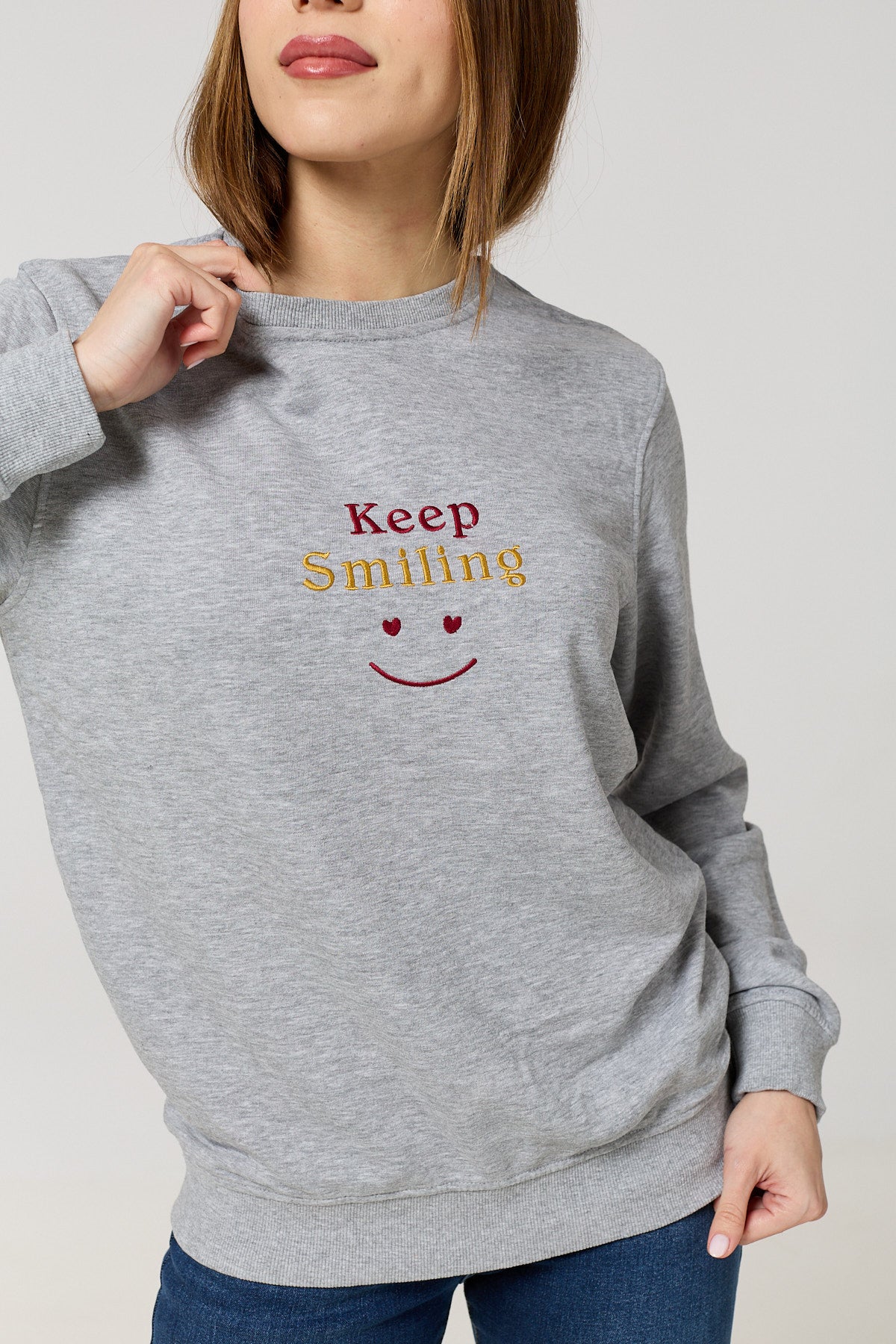 Cotton Terry Crewneck – Grey with “Keep Smiling” Embroidery