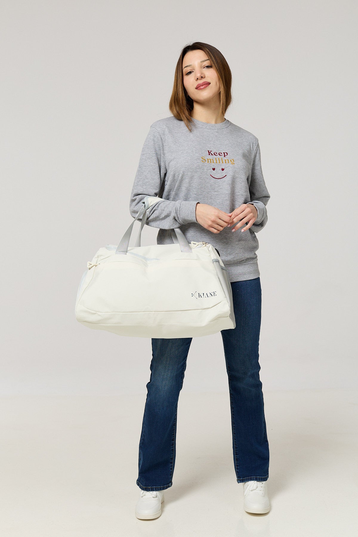 Cotton Terry Crewneck – Grey with “Keep Smiling” Embroidery